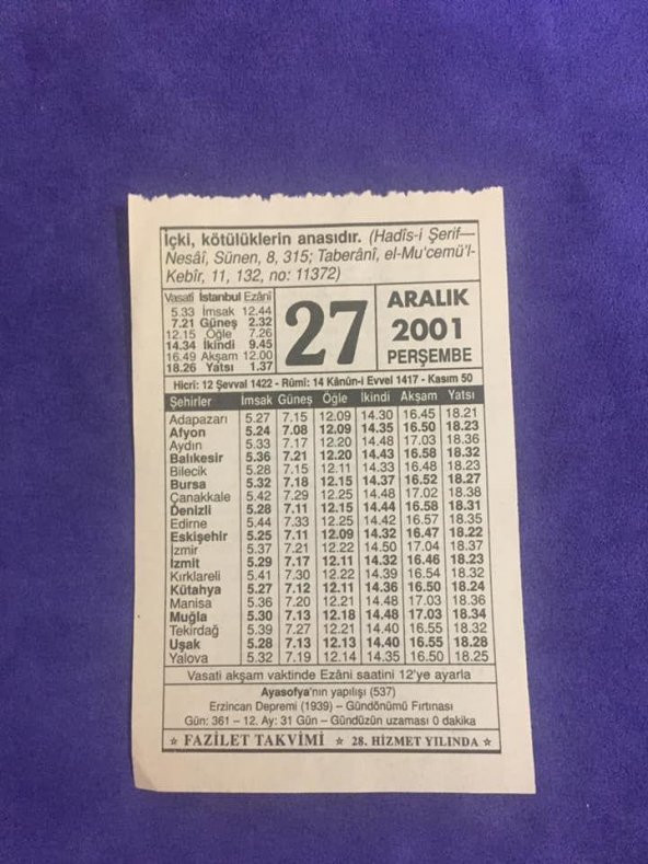 27 Aralık 2001 Takvim Yaprağı - Nostalji Koleksiyonluk Takvim Yaprağı ürün görseli