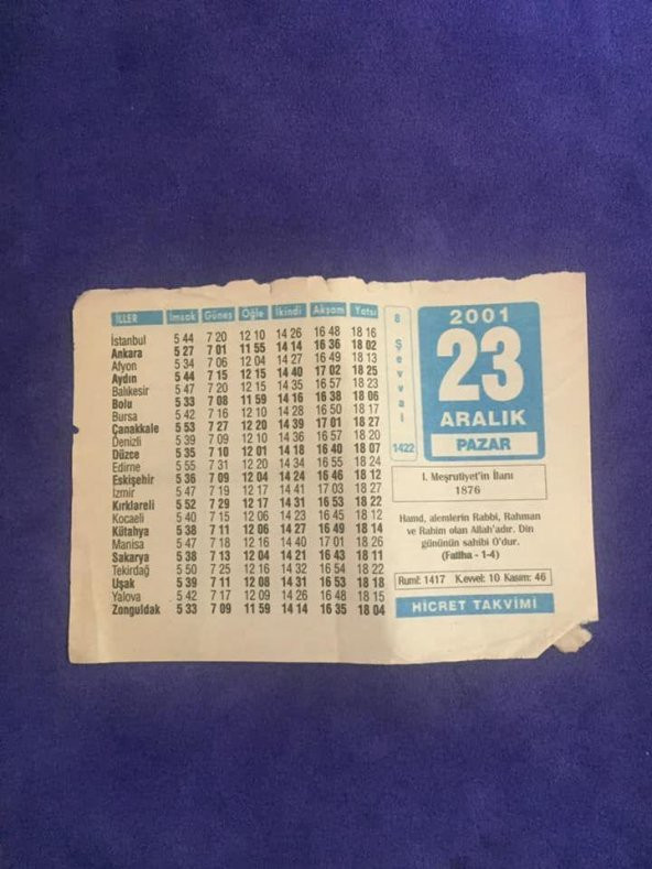 23 Aralık 2001 Takvim Yaprağı - Nostalji Koleksiyonluk Takvim Yaprağı C ürün görseli