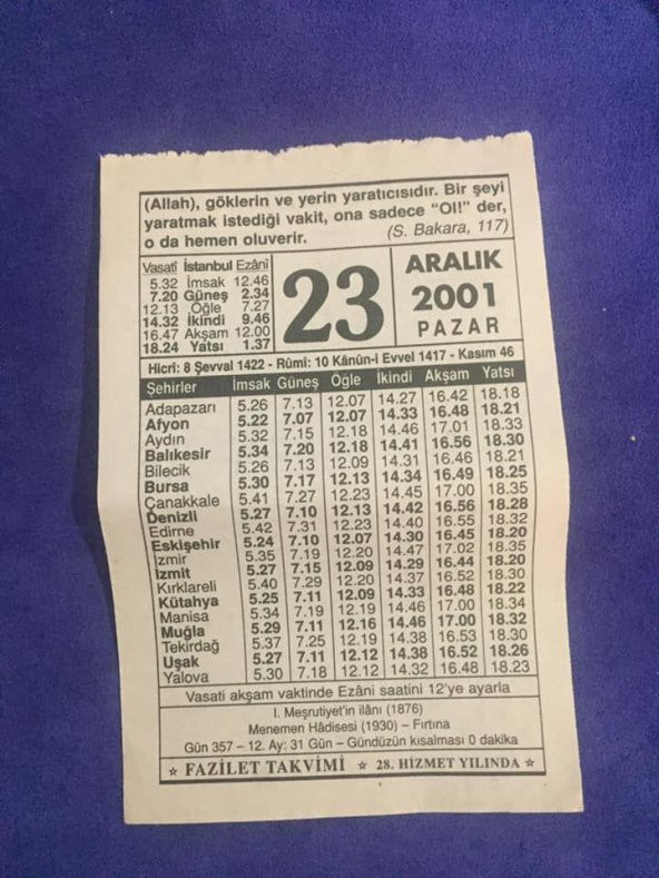 23 Aralık 2001 Takvim Yaprağı - Nostalji Koleksiyonluk Takvim Yaprağı