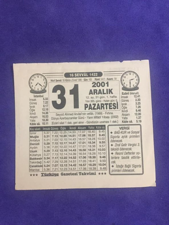 31 Aralık 2001 Takvim Yaprağı - Nostalji Koleksiyonluk Takvim Yaprağı ürün görseli