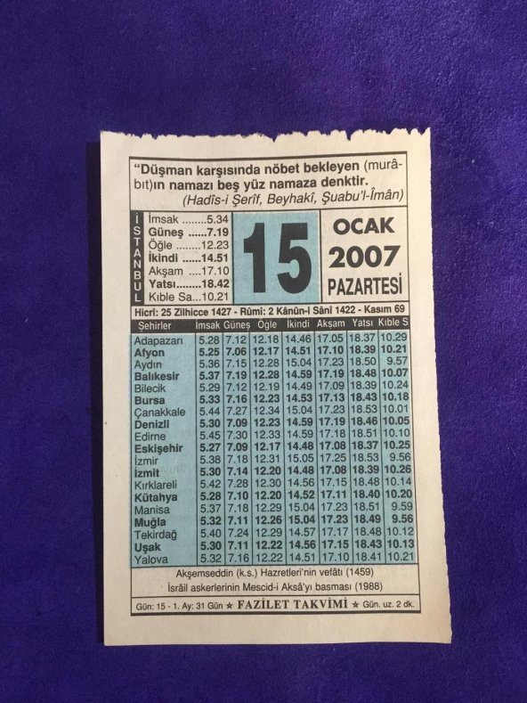 15 Ocak 2007 Takvim Yaprağı - Nostalji Koleksiyonluk Takvim Yaprağı ürün görseli