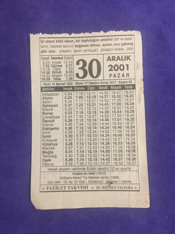 30 Aralık 2001 Takvim Yaprağı - Nostalji Koleksiyonluk Takvim Yaprağı