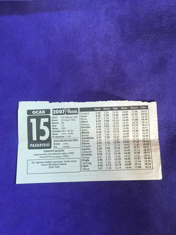 15 Ocak 2007 Takvim Yaprağı - Nostalji Koleksiyonluk Takvim Yaprağı B ürün görseli