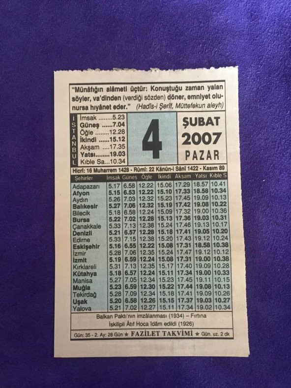 4 Şubat 2007 Takvim Yaprağı - Nostalji Koleksiyonluk Takvim Yaprağı