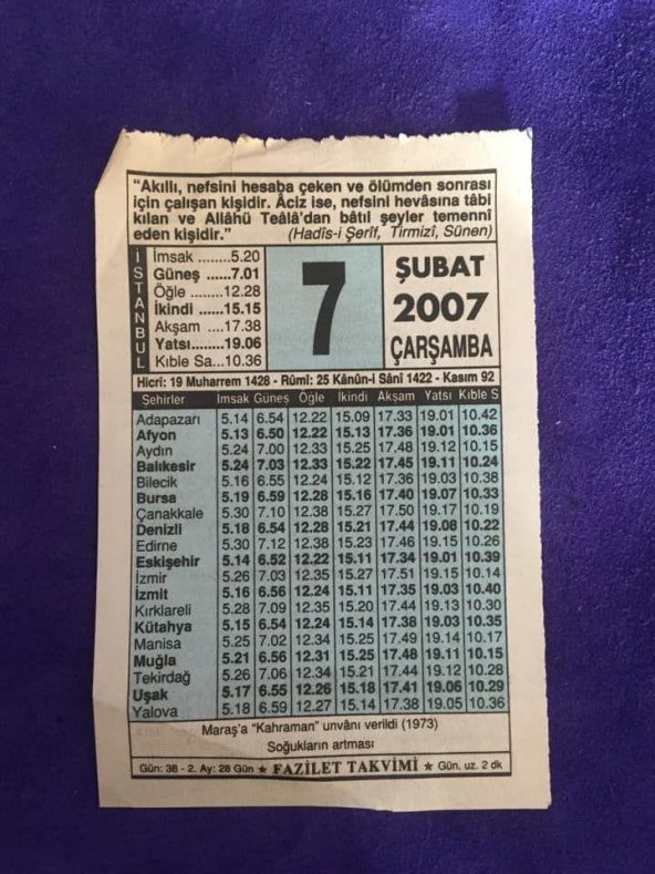 7 Şubat 2007 Takvim Yaprağı - Nostalji Koleksiyonluk Takvim Yaprağı