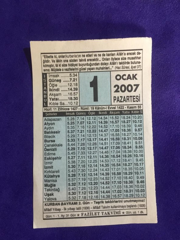 1 Ocak 2007 Takvim Yaprağı - Nostalji Koleksiyonluk Takvim Yaprağı