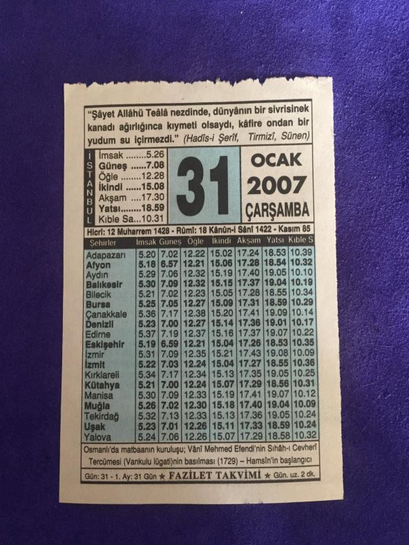 31 Ocak 2007 Takvim Yaprağı - Nostalji Koleksiyonluk Takvim Yaprağı ürün görseli