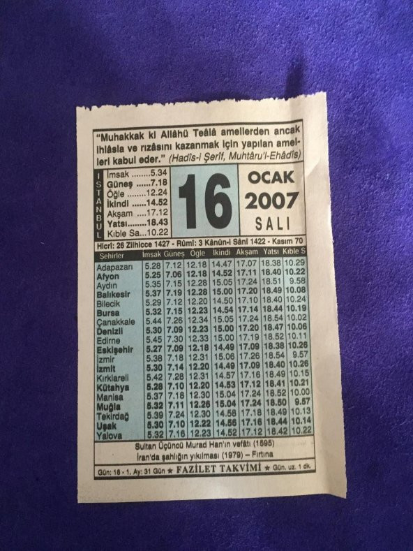 16 Ocak 2007 Takvim Yaprağı - Nostalji Koleksiyonluk Takvim Yaprağı ürün görseli