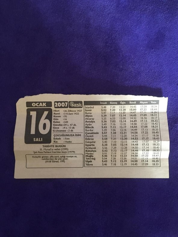 16 Ocak 2007 Takvim Yaprağı - Nostalji Koleksiyonluk Takvim Yaprağı B ürün görseli