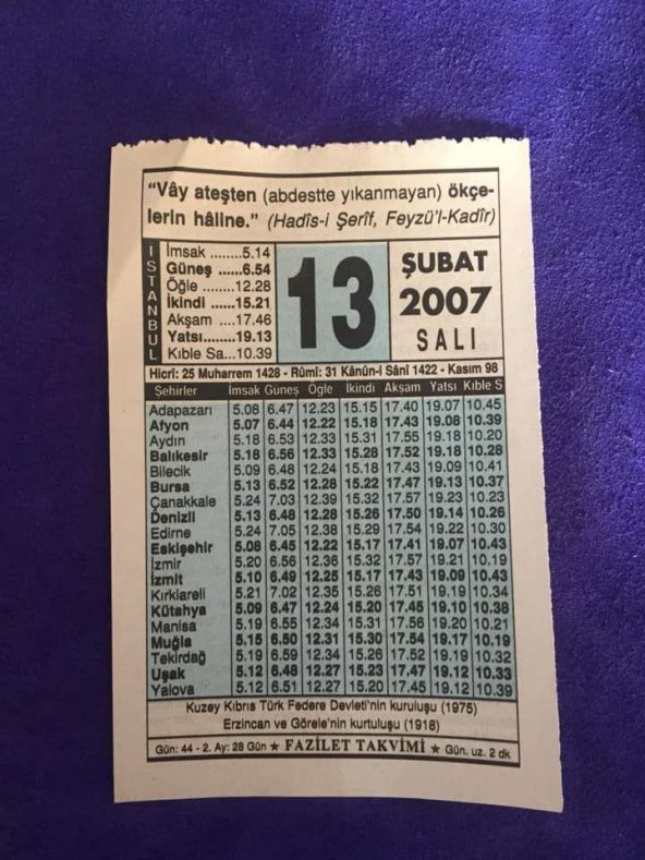 13 Şubat 2007 Takvim Yaprağı - Nostalji Koleksiyonluk Takvim Yaprağı