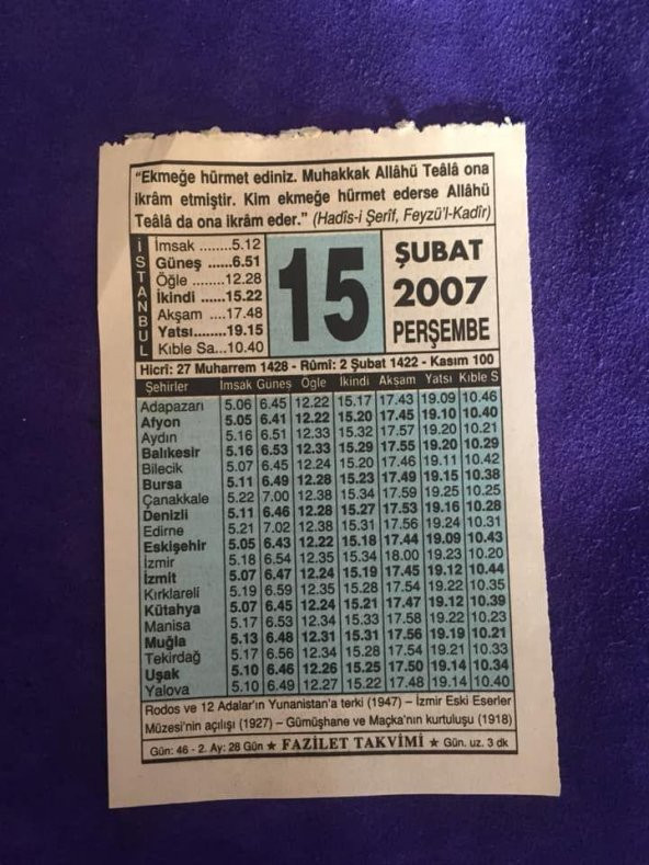 15 Şubat 2007 Takvim Yaprağı - Nostalji Koleksiyonluk Takvim Yaprağı ürün görseli