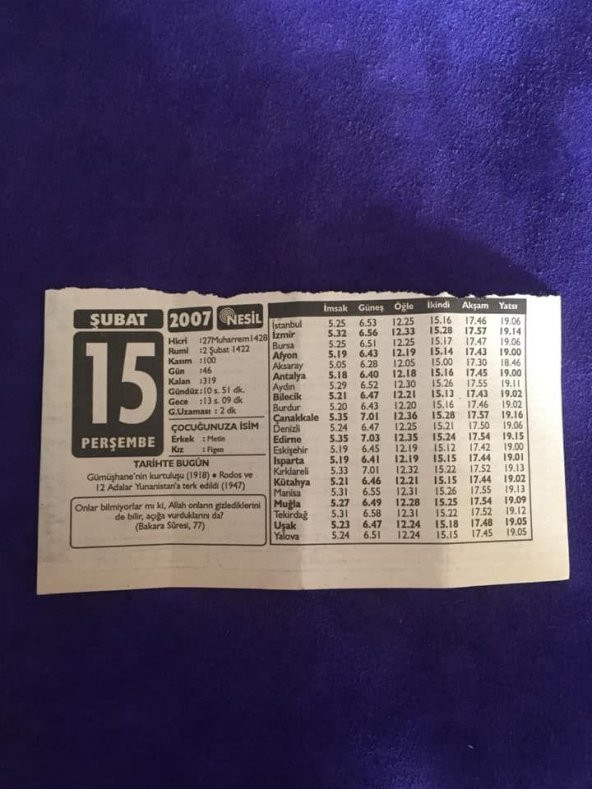 15 Şubat 2007 Takvim Yaprağı - Nostalji Koleksiyonluk Takvim Yaprağı B ürün görseli