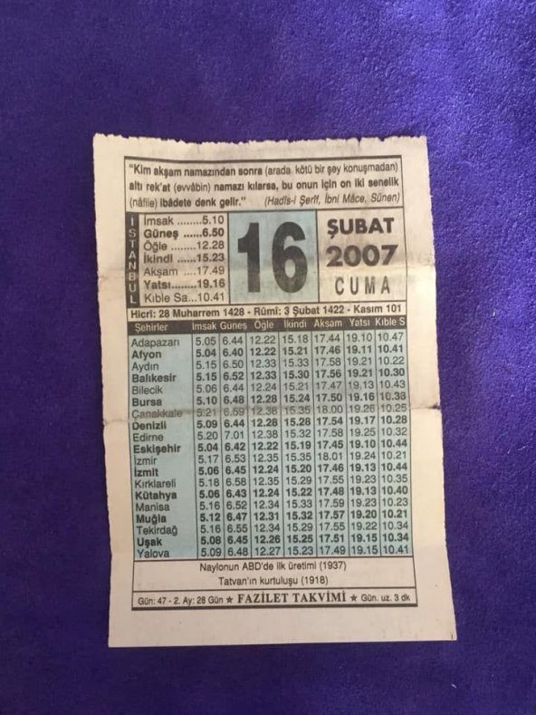 16 Şubat 2007 Takvim Yaprağı - Nostalji Koleksiyonluk Takvim Yaprağı ürün görseli