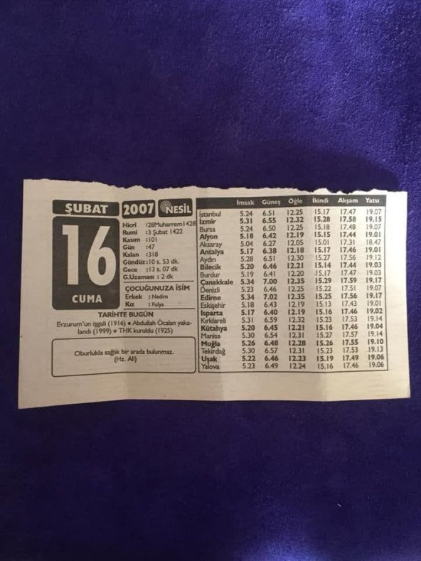 16 Şubat 2007 Takvim Yaprağı - Nostalji Koleksiyonluk Takvim Yaprağı B ürün görseli