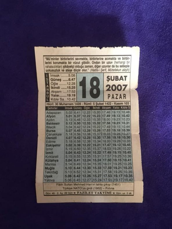 18 Şubat 2007 Takvim Yaprağı - Nostalji Koleksiyonluk Takvim Yaprağı ürün görseli