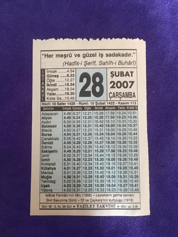 28 Şubat 2007 Takvim Yaprağı - Nostalji Koleksiyonluk Takvim Yaprağı ürün görseli