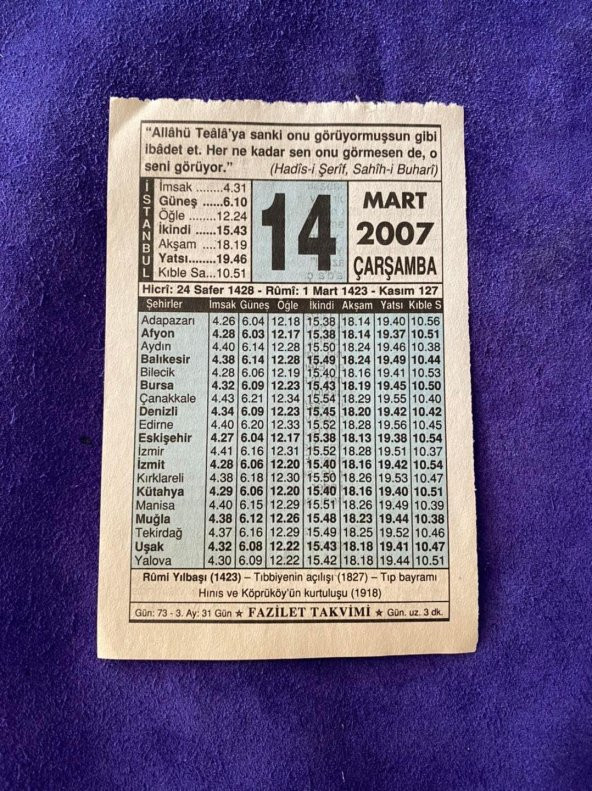 14 Mart 2007 Takvim Yaprağı - Nostalji Koleksiyonluk Takvim Yaprağı ürün görseli
