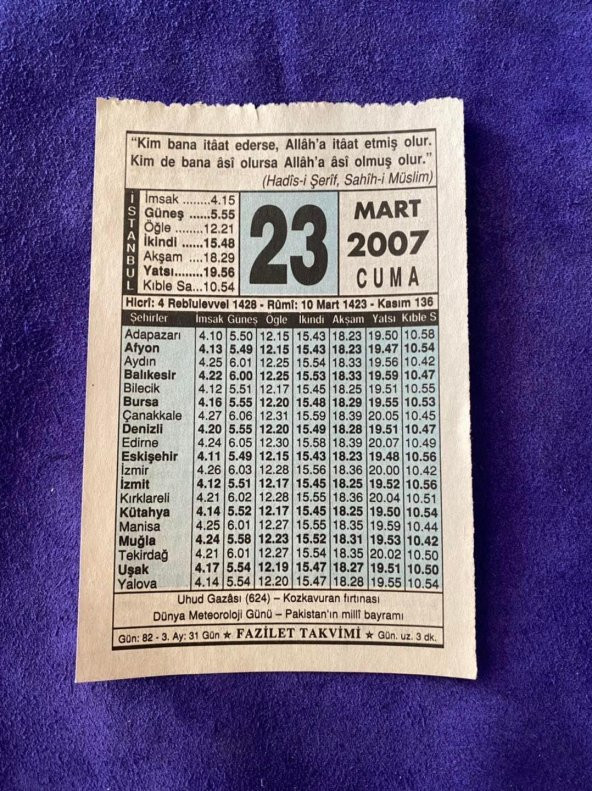 23 Mart 2007 Takvim Yaprağı - Nostalji Koleksiyonluk Takvim Yaprağı