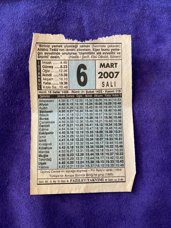6 Mart 2007 Takvim Yaprağı - Nostalji Koleksiyonluk Takvim Yaprağı ürün görseli