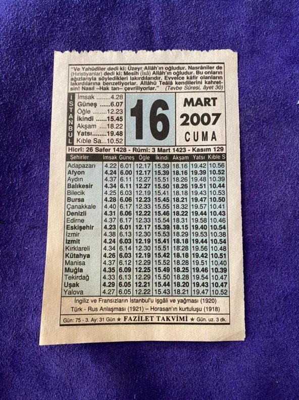 16 Mart 2007 Takvim Yaprağı - Nostalji Koleksiyonluk Takvim Yaprağı ürün görseli