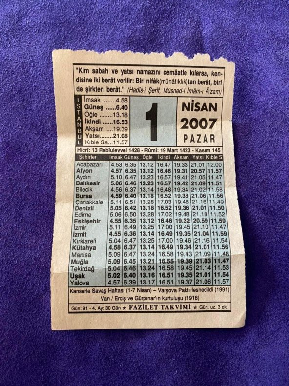 1 Nisan 2007 Takvim Yaprağı - Nostalji Koleksiyonluk Takvim Yaprağı ürün görseli