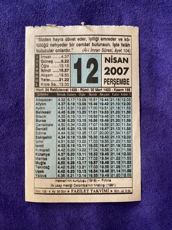 12 Nisan 2007 Takvim Yaprağı - Nostalji Koleksiyonluk Takvim Yaprağı B ürün görseli