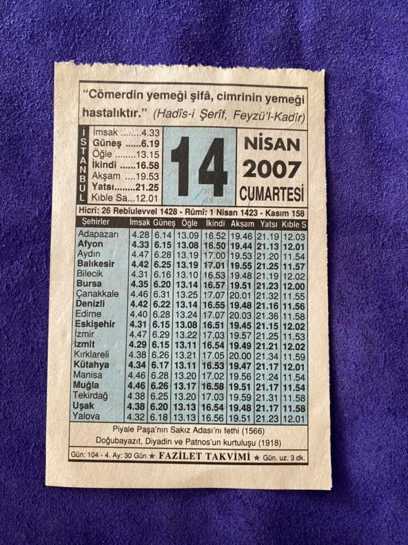 14 Nisan 2007 Takvim Yaprağı - Nostalji Koleksiyonluk Takvim Yaprağı ürün görseli