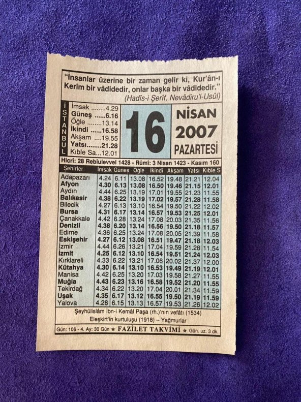 16 Nisan 2007 Takvim Yaprağı - Nostalji Koleksiyonluk Takvim Yaprağı ürün görseli