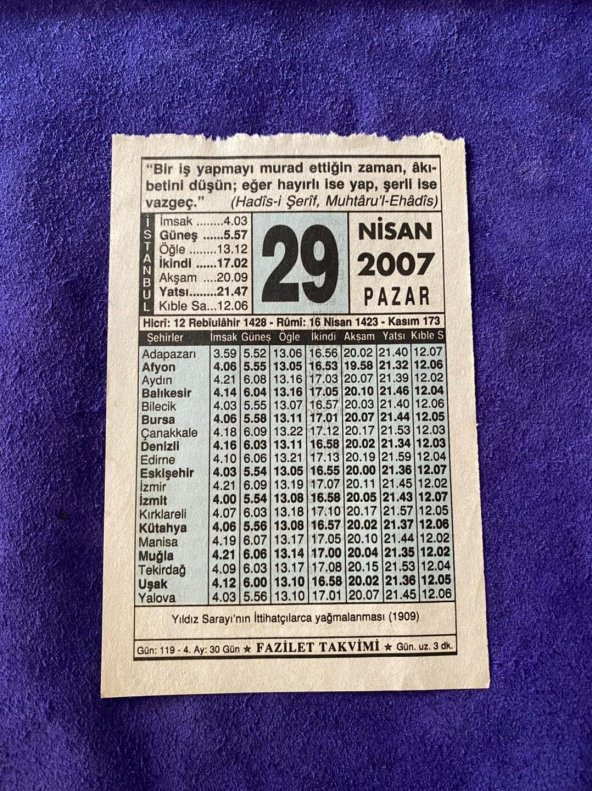 29 Nisan 2007 Takvim Yaprağı - Nostalji Koleksiyonluk Takvim Yaprağı ürün görseli