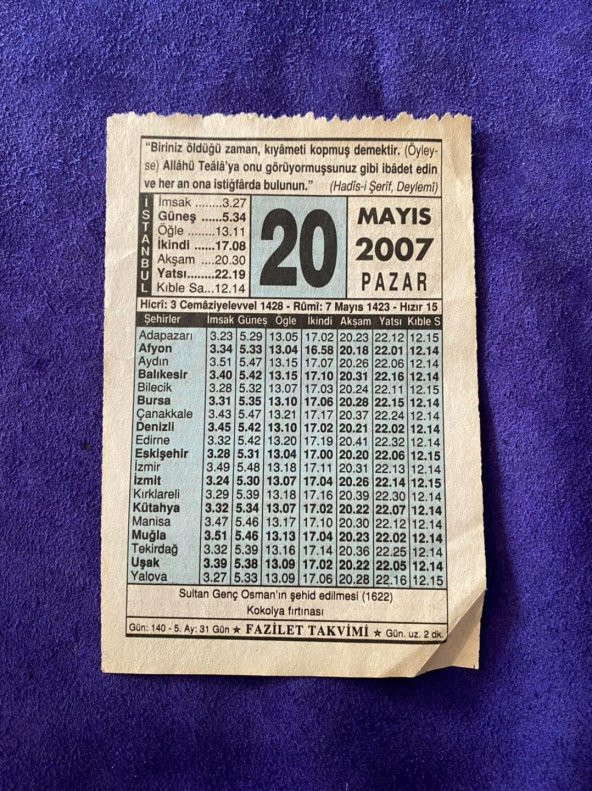 17 Mayıs 2007 Takvim Yaprağı - Nostalji Koleksiyonluk Takvim Yaprağı ürün görseli