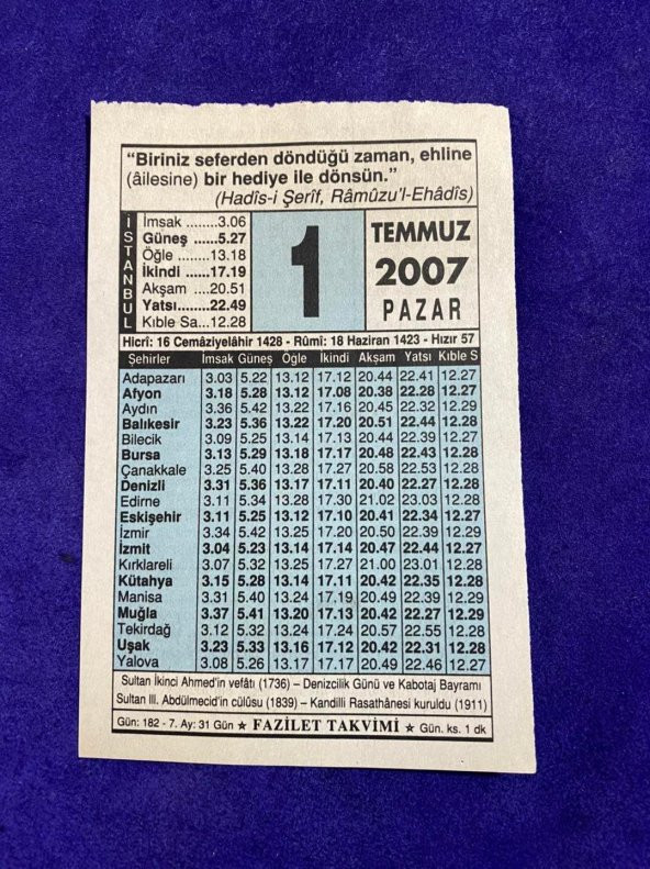 1 Temmuz 2007 Takvim Yaprağı - Nostalji Koleksiyonluk Takvim Yaprağı ürün görseli