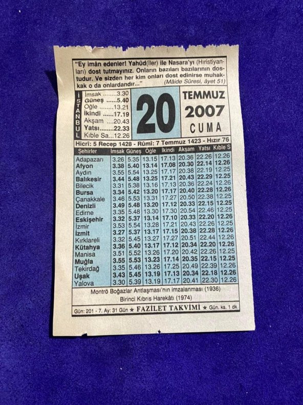 20 Temmuz 2007 Takvim Yaprağı - Nostalji Koleksiyonluk Takvim Yaprağı ürün görseli