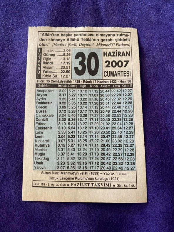 30 Haziran 2007 Takvim Yaprağı - Nostalji Koleksiyonluk Takvim Yaprağı ürün görseli