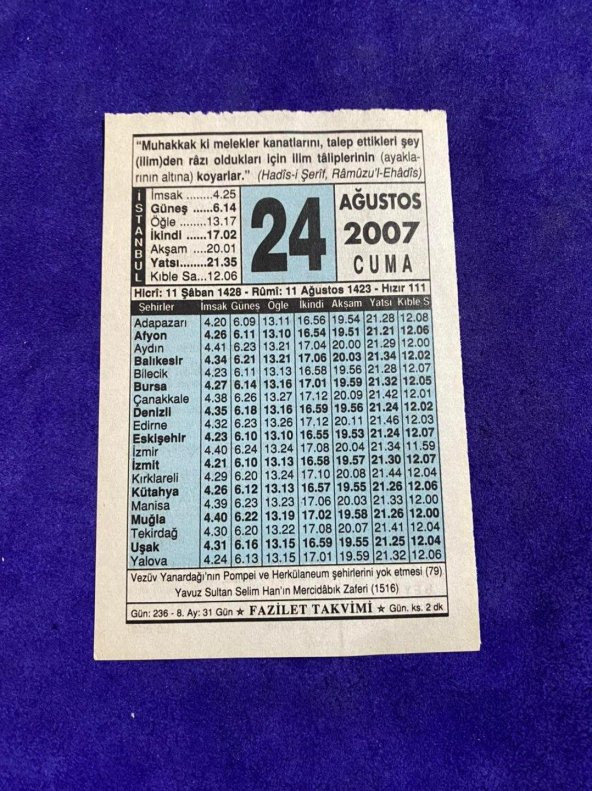 24 Ağustos 2007 Takvim Yaprağı - Nostalji Koleksiyonluk Takvim Yaprağı ürün görseli