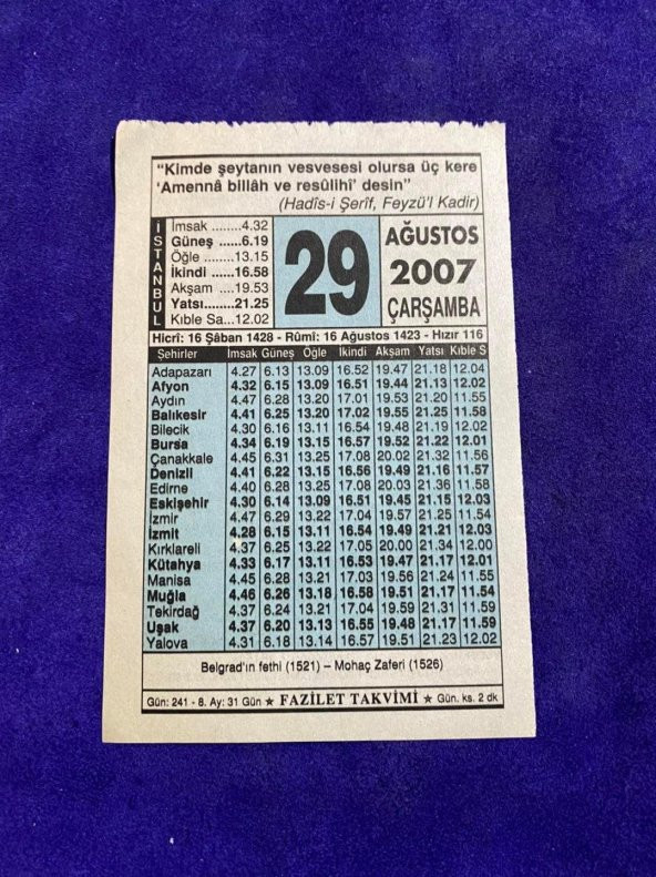 29 Ağustos 2007 Takvim Yaprağı - Nostalji Koleksiyonluk Takvim Yaprağı ürün görseli