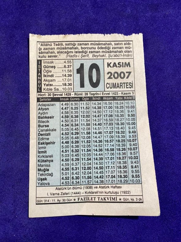 10 Kasım 2007 Takvim Yaprağı - Nostalji Koleksiyonluk Takvim Yaprağı ürün görseli