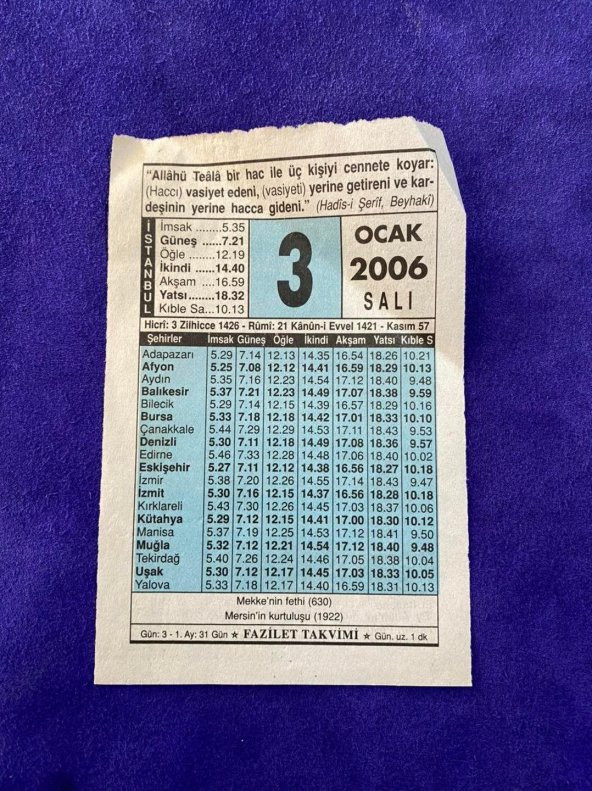 3 Ocak 2006 Takvim Yaprağı - Nostalji Koleksiyonluk Takvim Yaprağı ürün görseli