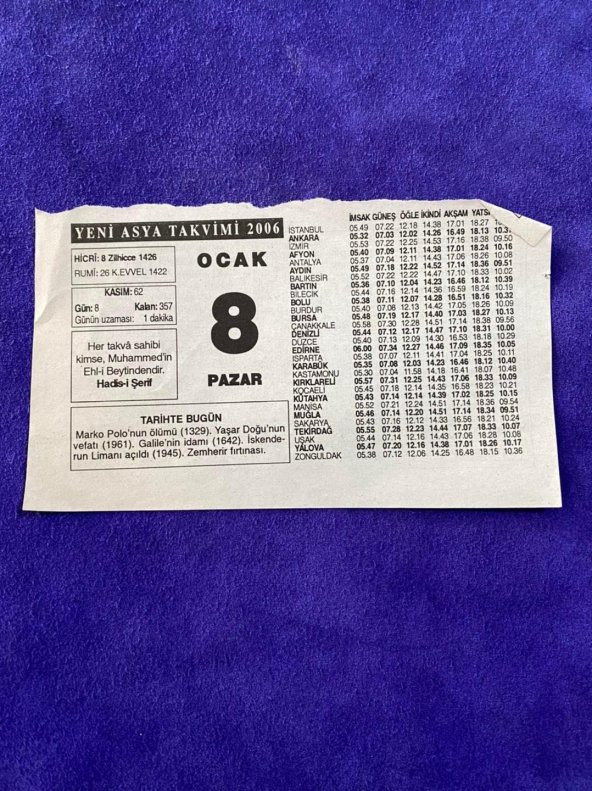 8 Ocak 2006 Takvim Yaprağı - Nostalji Koleksiyonluk Takvim Yaprağı ürün görseli