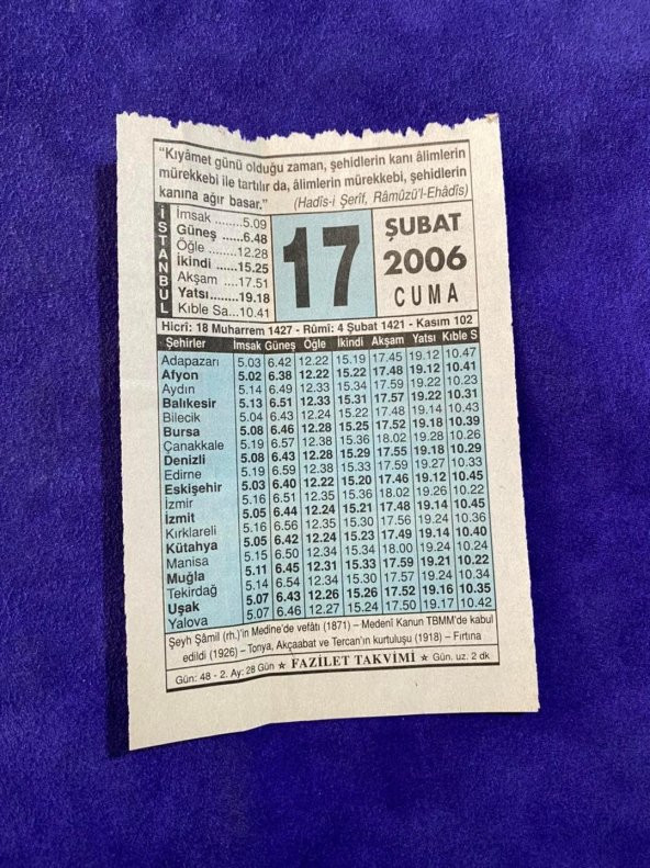 17 Şubat 2006 Takvim Yaprağı - Nostalji Koleksiyonluk Takvim Yaprağı ürün görseli