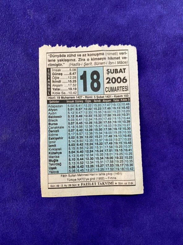 18 Şubat 2006 Takvim Yaprağı - Nostalji Koleksiyonluk Takvim Yaprağı ürün görseli