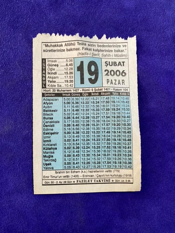 19 Şubat 2006 Takvim Yaprağı - Nostalji Koleksiyonluk Takvim Yaprağı ürün görseli