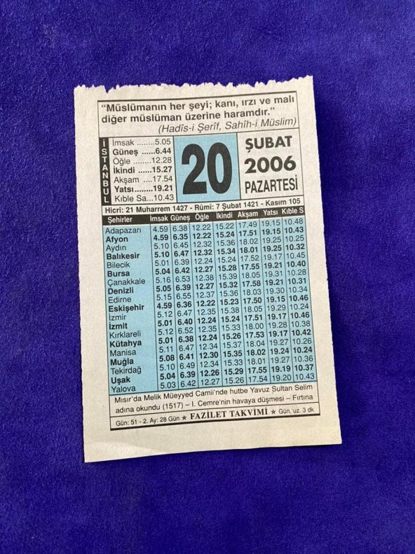 20 Şubat 2006 Takvim Yaprağı - Nostalji Koleksiyonluk Takvim Yaprağı ürün görseli