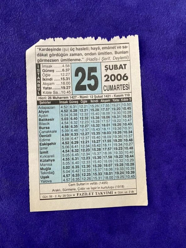 25 Şubat 2006 Takvim Yaprağı - Nostalji Koleksiyonluk Takvim Yaprağı ürün görseli