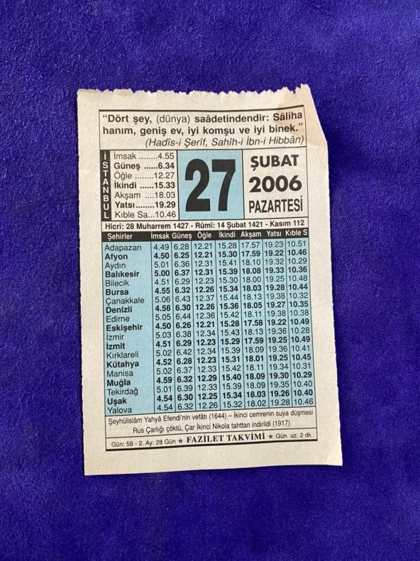 27 Şubat 2006 Takvim Yaprağı - Nostalji Koleksiyonluk Takvim Yaprağı ürün görseli