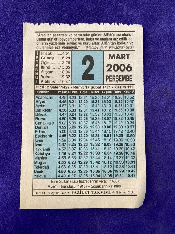 2 Mart 2006 Takvim Yaprağı - Nostalji Koleksiyonluk Takvim Yaprağı ürün görseli