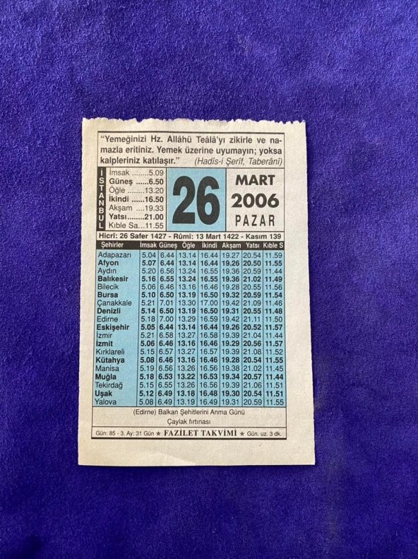 26 Mart 2006 Takvim Yaprağı - Nostalji Koleksiyonluk Takvim Yaprağı ürün görseli