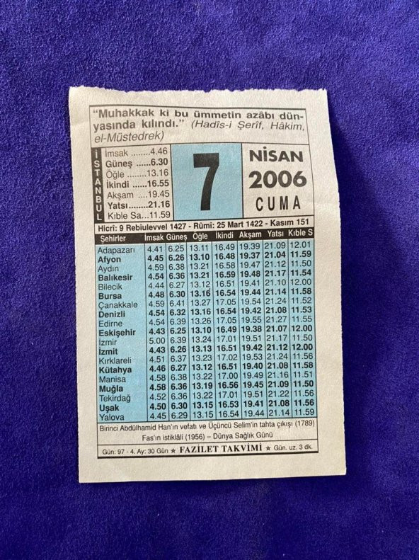 7 Nisan 2006 Takvim Yaprağı - Nostalji Koleksiyonluk Takvim Yaprağı ürün görseli