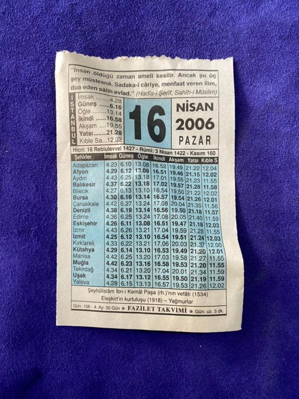 16 Nisan 2006 Takvim Yaprağı - Nostalji Koleksiyonluk Takvim Yaprağı ürün görseli