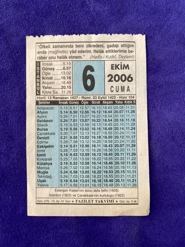 6 Ekim 2006 Takvim Yaprağı - Nostalji Koleksiyonluk Takvim Yaprağı ürün görseli