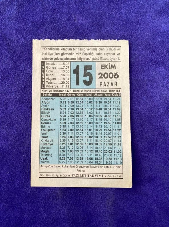 15 Ekim 2006 Takvim Yaprağı - Nostalji Koleksiyonluk Takvim Yaprağı ürün görseli
